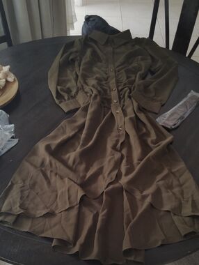 Olive Green Button-Front Shirt Dress